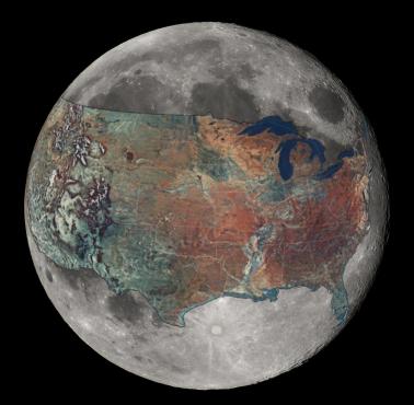 Księżyc i nałożona na niego mapa USA