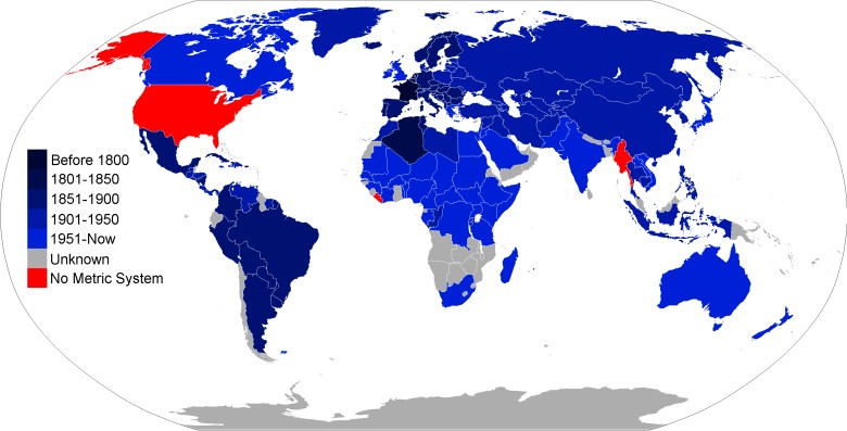 Mapa świata z okresem wprowadzenia systemu metrycznego