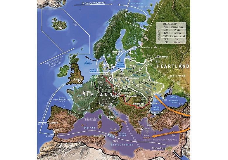 Mapa Europy reklamująca książkę Rzeczpospolita między lądem a morzem. O wojnie i pokoju J.Bartosiaka