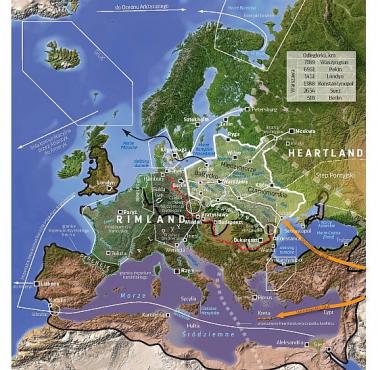 Mapa Europy reklamująca książkę "Rzeczpospolita między lądem a morzem. O wojnie i pokoju" J.Bartosiaka