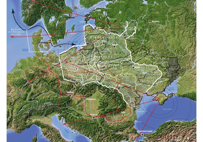 Mapa Europy reklamująca książkę Rzeczpospolita między lądem a morzem. O wojnie i pokoju J.Bartosiaka