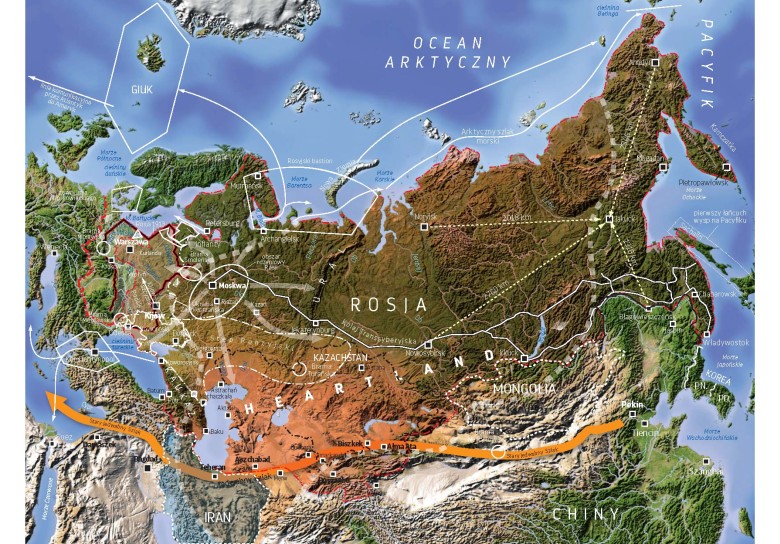 Mapa Azji reklamująca książkę Rzeczpospolita między lądem a morzem. O wojnie i pokoju J.Bartosiaka