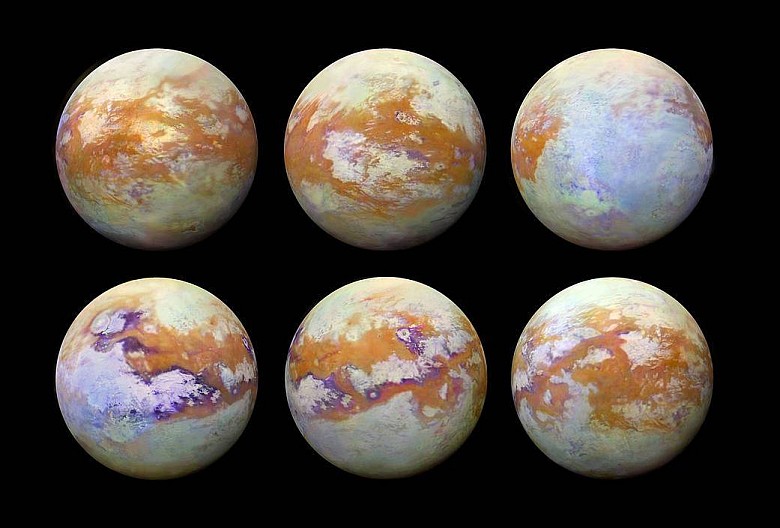 Zdjęcia Tytana (największy księżyc Saturna) wykonane w podczerwieni podczas 13-letniej misji sondy Cassini, NASA