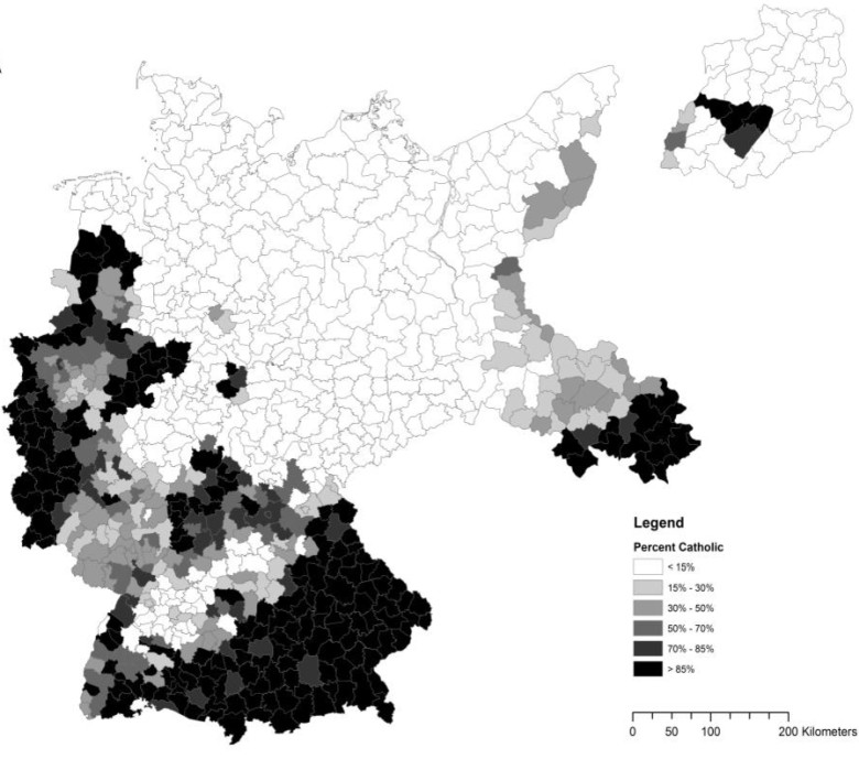 Procent katolików w międzywojennych Niemczech według hrabstwa