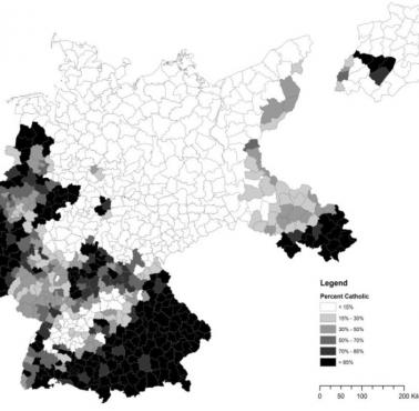 Procent katolików w międzywojennych Niemczech według hrabstwa