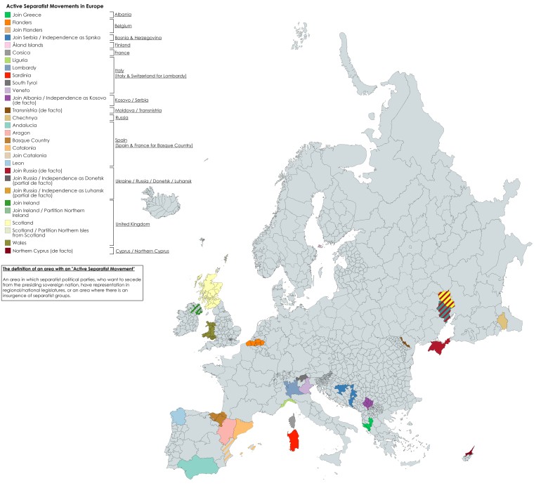 Mapa aktywnych ruchów separatystycznych w Europie