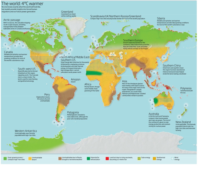 Zmiany klimatyczne na Ziemi w wyniku podniesienia się średniej temperatury o 4 stopnie Celsjusza (eng)