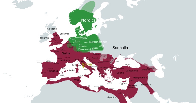 Imperium Rzymskie w 117 r. n.e. z nieniesionymi barbarzyńskimi plemionami germańskimi