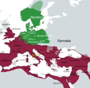 Imperium Rzymskie w 117 r. n.e. z nieniesionymi barbarzyńskimi plemionami germańskimi