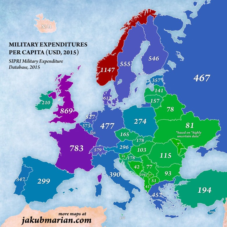 Wydatki wojskowe na mieszkańca w Europie, 2015