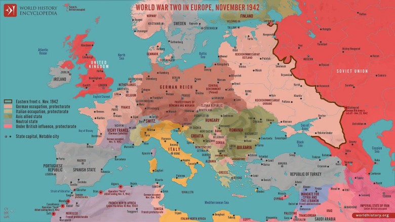 Mapa Europy w listopadzie 1942 r. (maksymalny zasięg wojsk niemieckich)