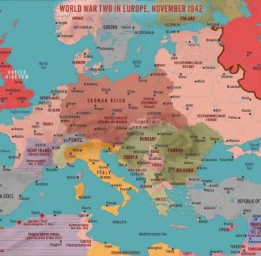 Mapa Europy w listopadzie 1942 r. (maksymalny zasięg wojsk niemieckich)
