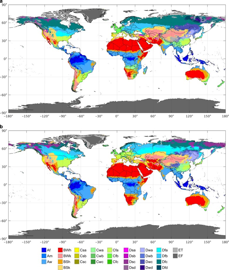 Mapy klasyfikacji klimatycznej Köppena-Geigera dla lat 1980-2016 i luźna prognoza 2071-2100