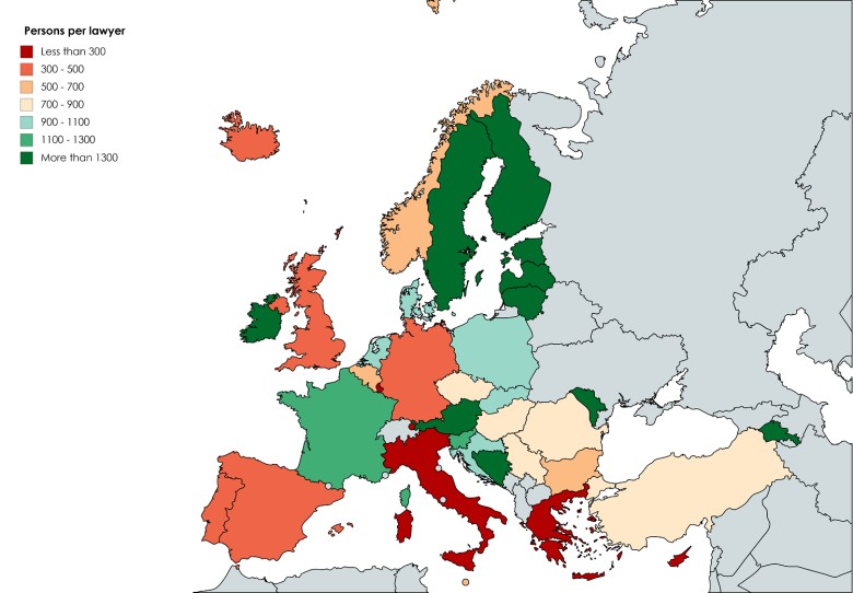 Liczba prawników na osobę, Europa