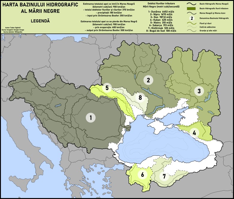 Mapa hydrograficzna basenu Morza Czarnego (legenda w języku rumuńskim)