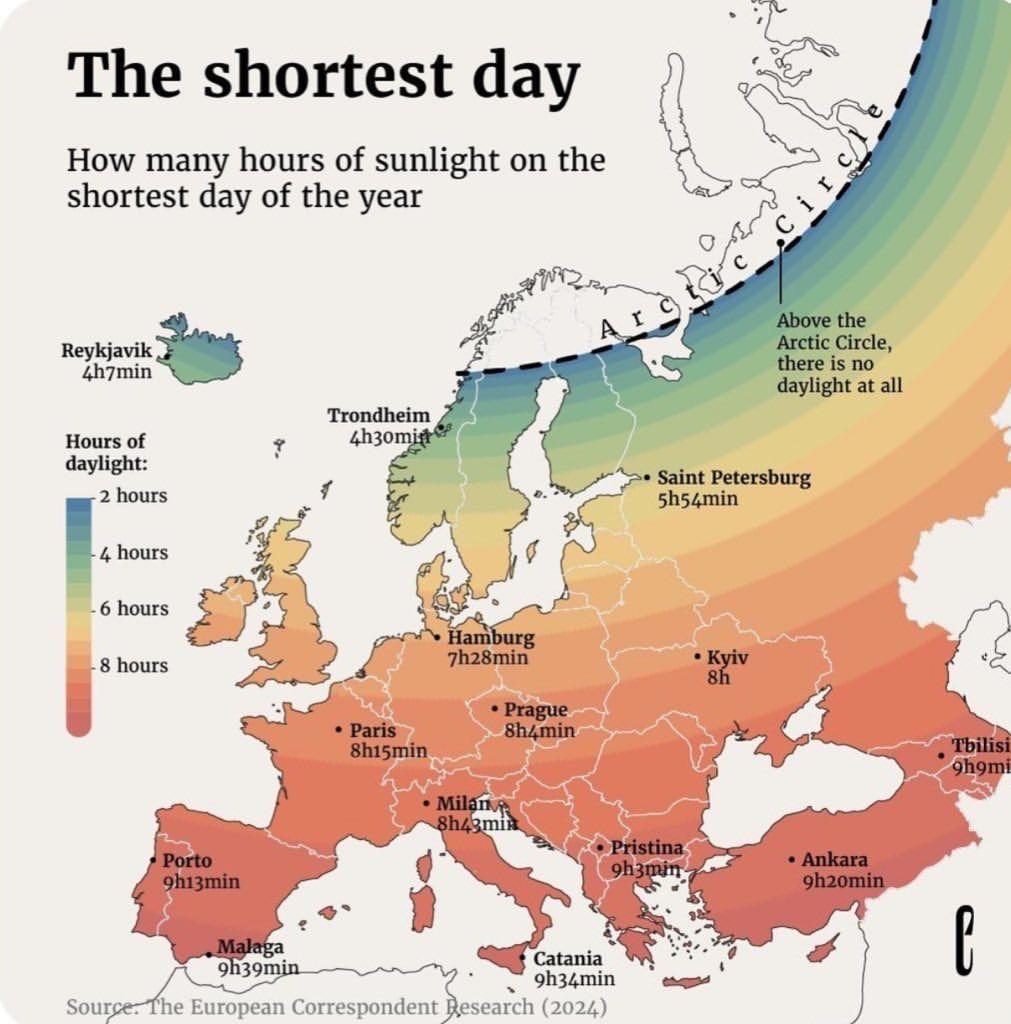 Mapa Europy z najkrótszym dniem, 2024