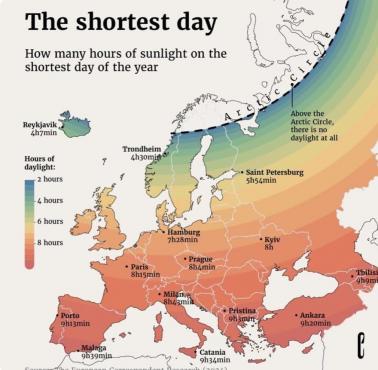 Mapa Europy z najkrótszym dniem, 2024