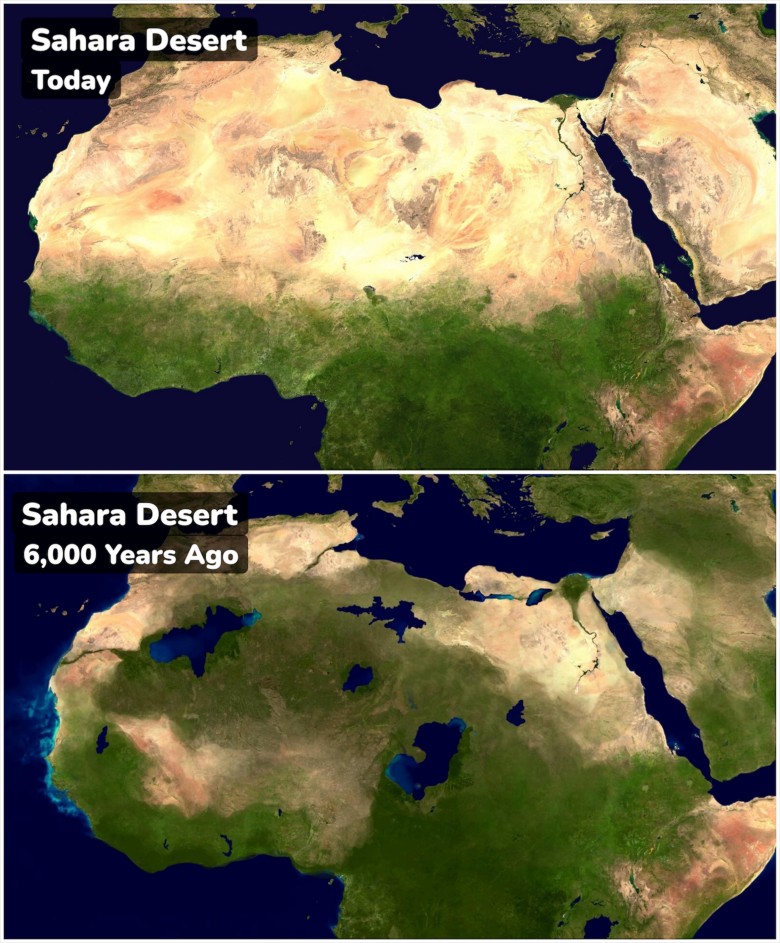 Pustynia Sahara 6000 lat temu (6 tys.) i obecnie