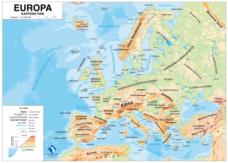 Mapa fizyczna Europy (w języku bretońskim)