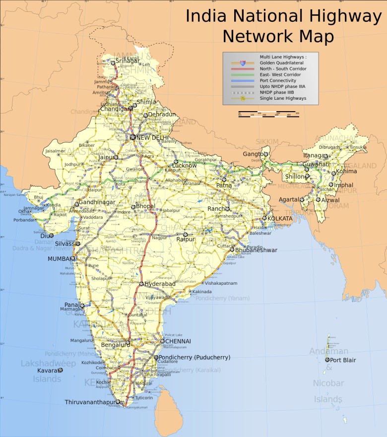 Mapa krajowej sieci autostrad w Indiach