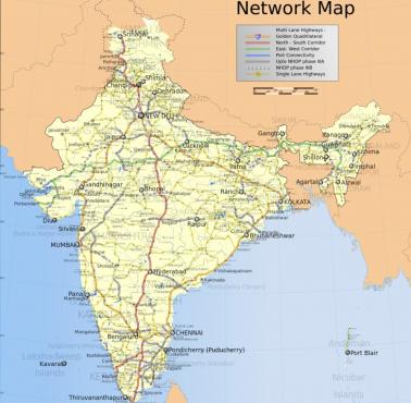 Mapa krajowej sieci autostrad w Indiach
