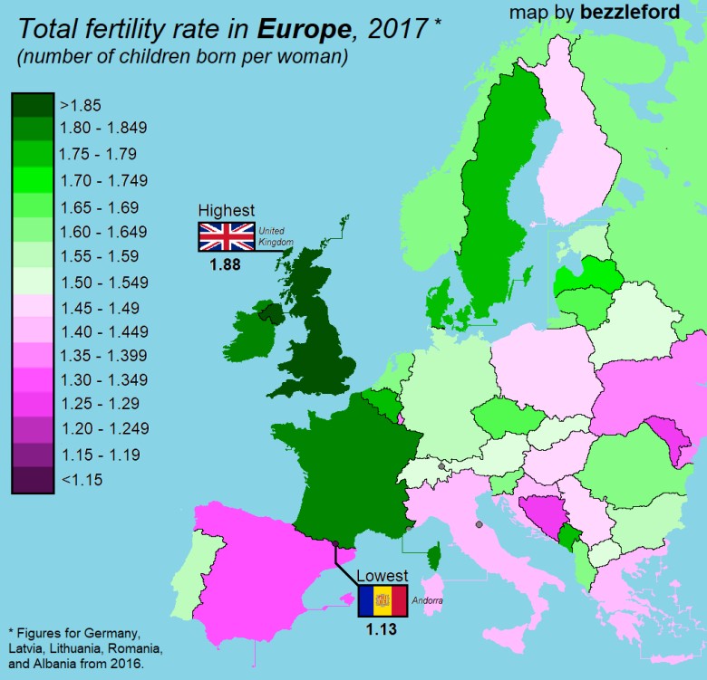 Wskaźniki płodności w Europie, 2017