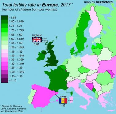 Wskaźniki płodności w Europie, 2017