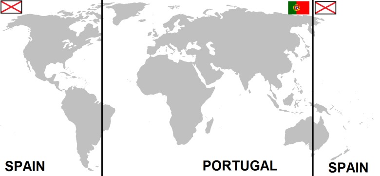 Traktat z Tordesillas – umowa dotycząca podziału sfer wpływów podpisana przez władców Portugalii i Hiszpanii, 1494
