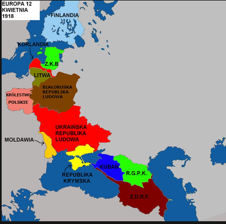 Państwa europejskie powstałe w wyniku upadku imperium rosyjskiego, kwiecień 1918