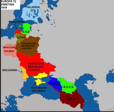 Państwa europejskie powstałe w wyniku upadku imperium rosyjskiego, kwiecień 1918
