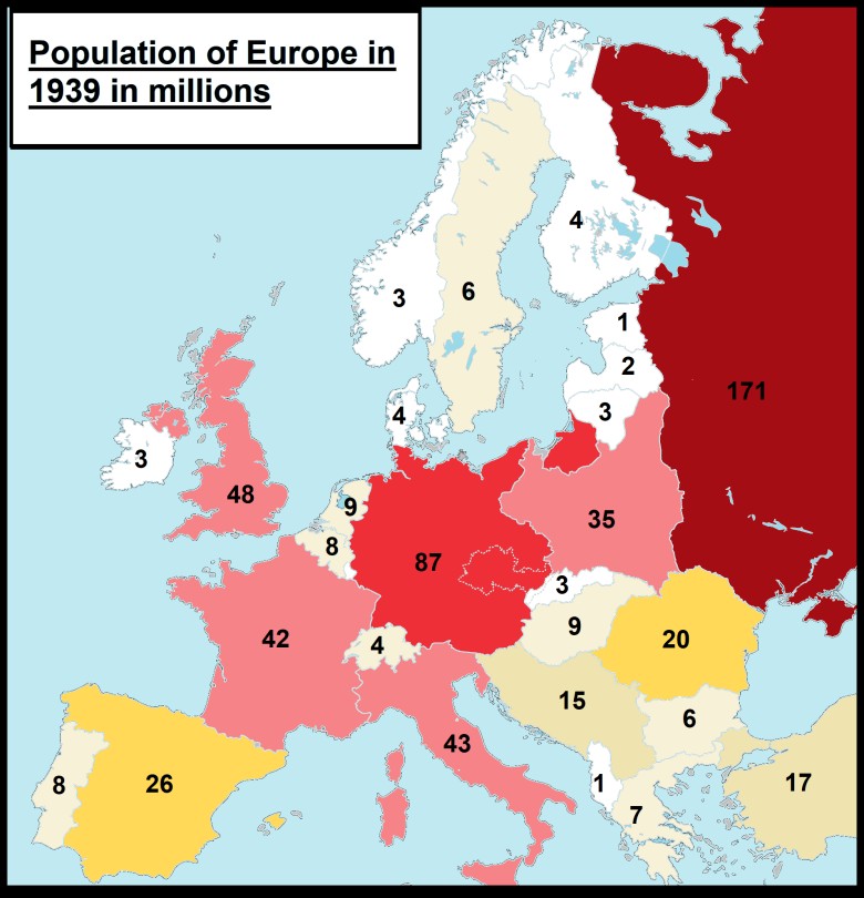 Mapa Europy z 1939 roku z podaniem liczby ludności