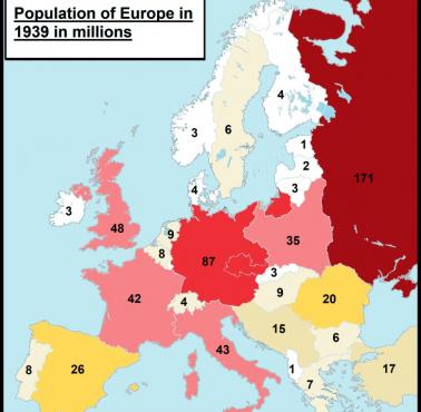 Mapa Europy z 1939 roku z podaniem liczby ludności