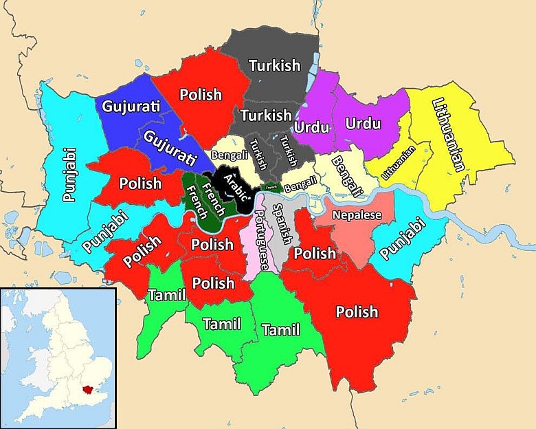 Najczęściej używany drugi język w każdej dzielnicy londyńskiej, 2017