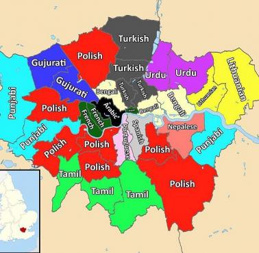 Najczęściej używany drugi język w każdej dzielnicy londyńskiej, 2017