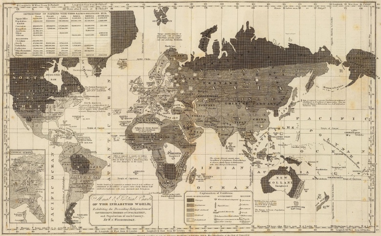 Mapa świata z 1826 roku przedstawiająca stopień cywilizacji autorstwa amerykańskiego geografa Williama Woodbridge'a