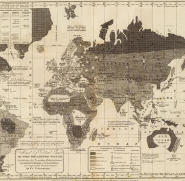 Mapa świata z 1826 roku przedstawiająca stopień cywilizacji autorstwa amerykańskiego geografa Williama Woodbridge'a