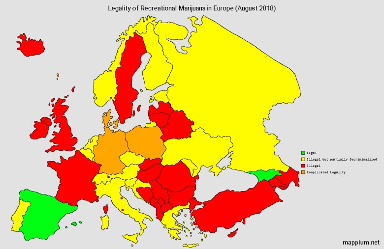 Legalność marihuany w Europie, sierpień 2018