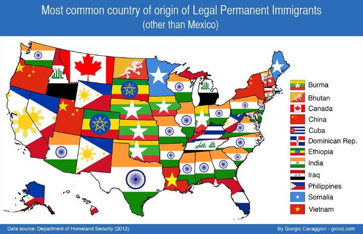 Najczęstszy kraj pochodzenia nowych imigrantów w poszczególnych stanach USA (z wyjątkiem Meksyku), 2012