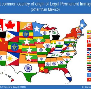 Najczęstszy kraj pochodzenia nowych imigrantów w poszczególnych stanach USA (z wyjątkiem Meksyku)