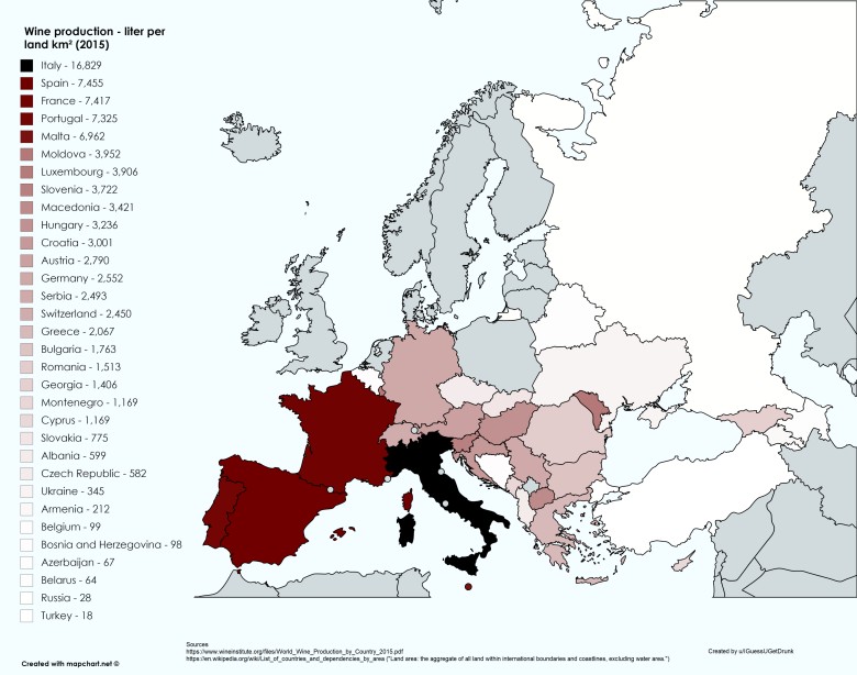 Najwięksi producenci wina w Europie, litr na km², 2015