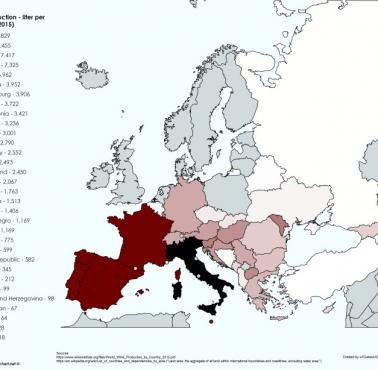 Najwięksi producenci wina w Europie, litr na km², 2015