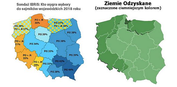 Ziemia odzyskane i poparcie dla partii politycznych, 2018