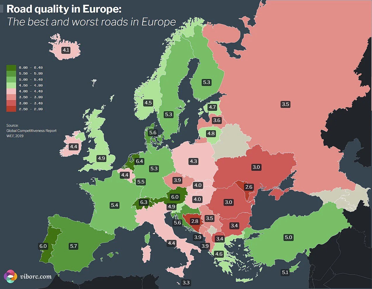 Jakość dróg w Europie. Najniższa: Mołdawia. Najwyższa: Holandia, 2019