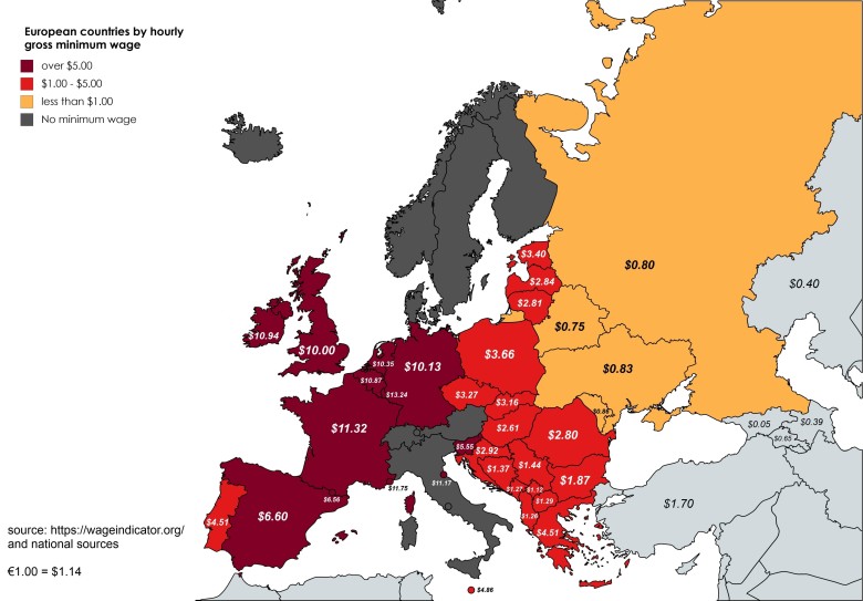 Kraje europejskie według minimalnej stawki godzinowej brutto minimalnej (w dolarach)