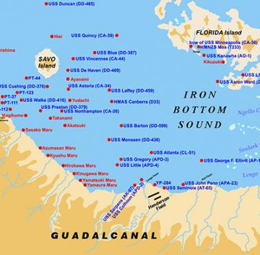 Rozmieszczenie wraków po bitwie japońsko-amerykańskiej o Guadalcanal (Kampania na Wyspach Salomona)