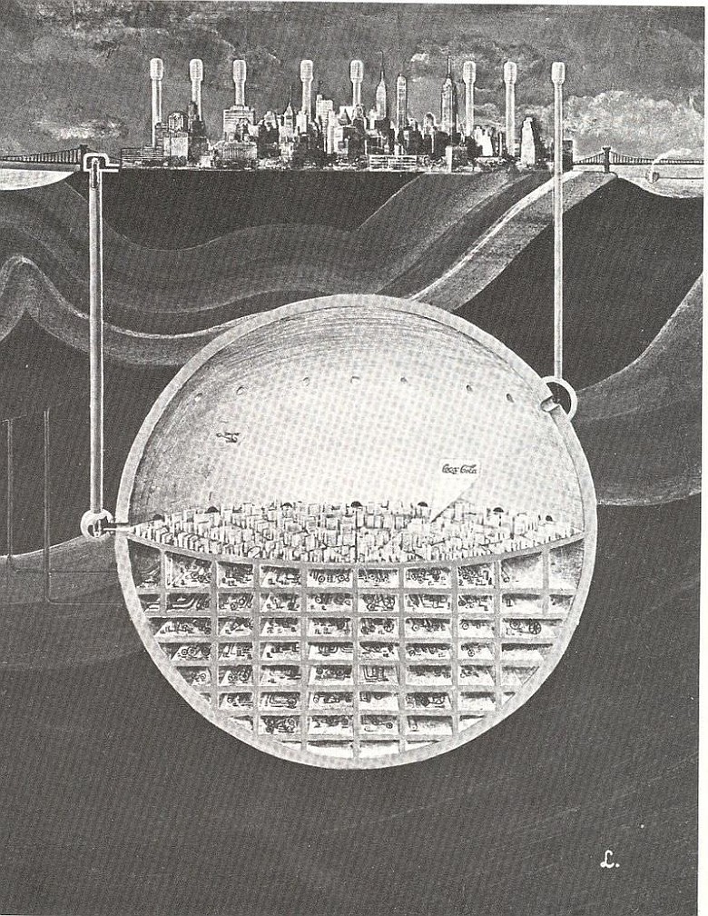 Pomysł architekta Oscara Newmana na budowę miasta pod Manhattanem. Miało to uchronić miasto przed sowieckimi atomówkami, 1969