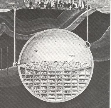 Pomysł architekta Oscara Newmana na budowę miasta pod Manhattanem. Miało to uchronić miasto przed sowieckimi atomówkami, 1969