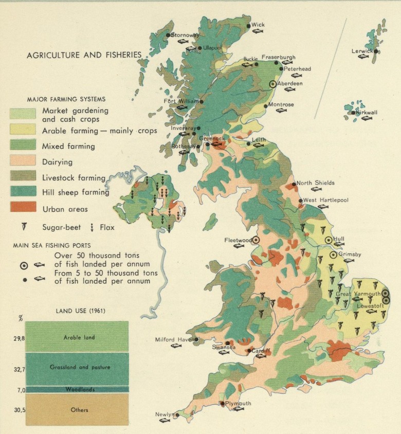 Rolnicza mapa Wielkiej Brytanii, główne produkty upraw, lata 60-te, 1967