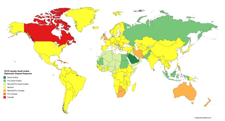 Reakcja świata na dyplomatyczny spór Kanady i Arabii Saudyjskiej, 2018