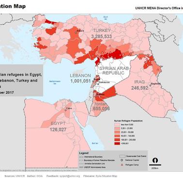 Liczba syryjskich uchodźców w wybranych krajach Bliskiego Wschodu, 2017